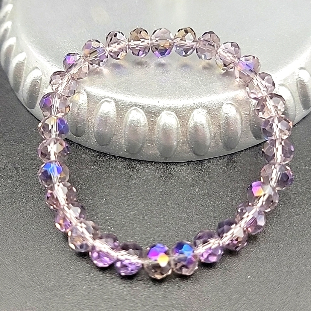 AB Crystal Faceted Stretch Bracelet Size 6.5 Aurora Borealis Blue Purple Sparkle